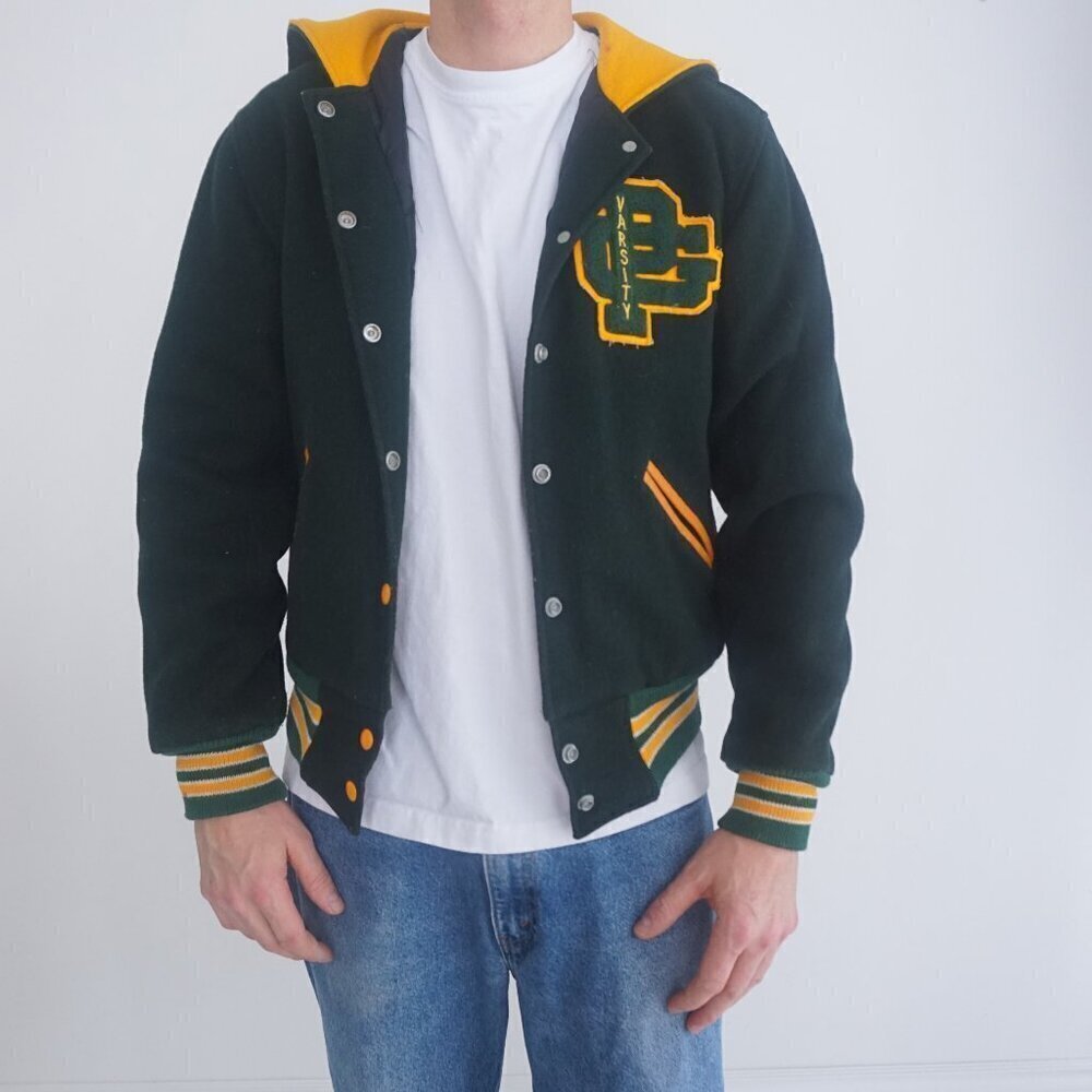 Vintage '60S Trophy Jackets Mecca Sportswear Green Yellow Wool Varsity Jacket S